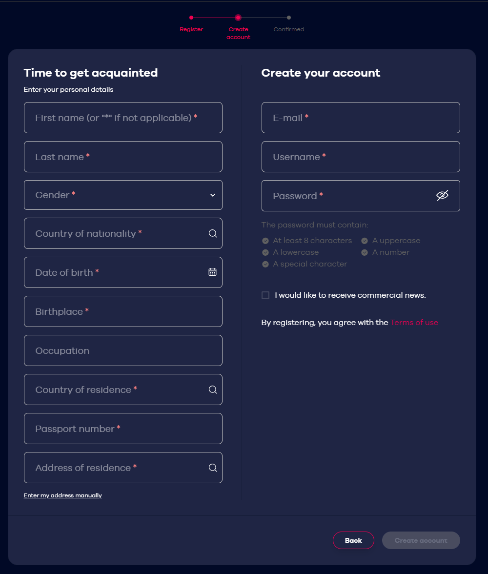 Oria Casino registration